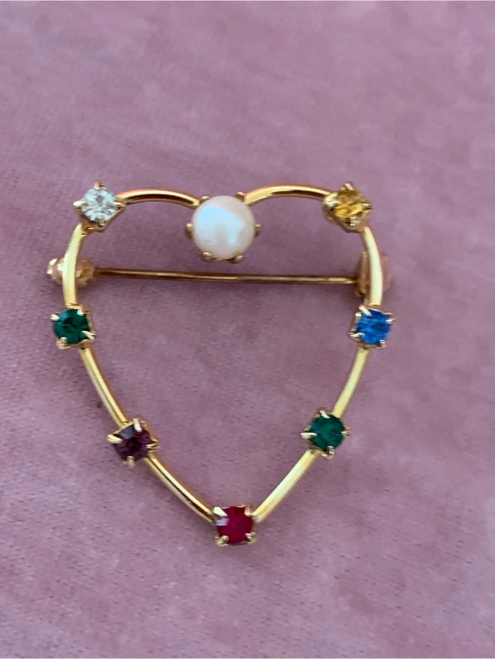 Vintage Gold Heart Brooch with Multicolor Stones and a center pearl  Great Piece